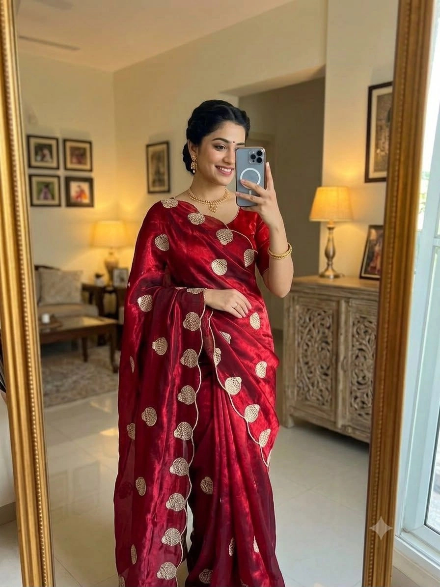 Space Sattin Multi Embrodairy Work Saree With blouse. 2