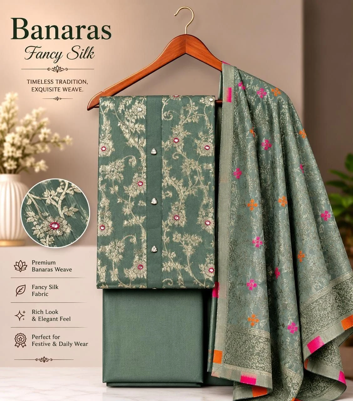 👘Pure banarasi silk neck tie patch with button daman fancy border 2