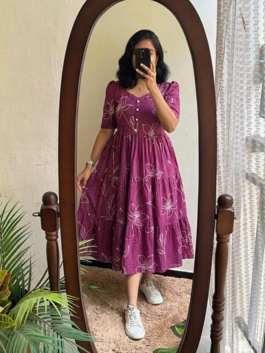 Cotton Midi-Full Printed And Square neck With Button in Font* 10