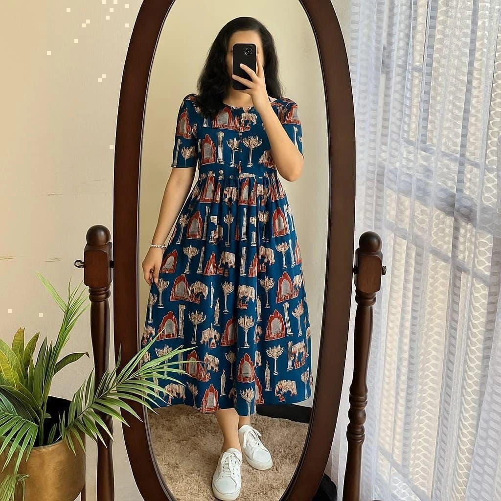 Cotton Midi-Full Printed And Square neck With Button in Font* 12