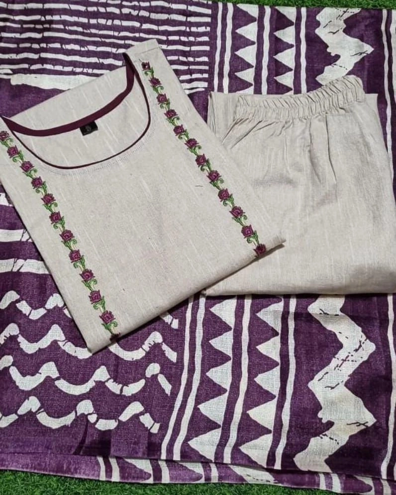 Handloom cotton kurta pant and khadi silk ikkat print  Dupatta set. 2