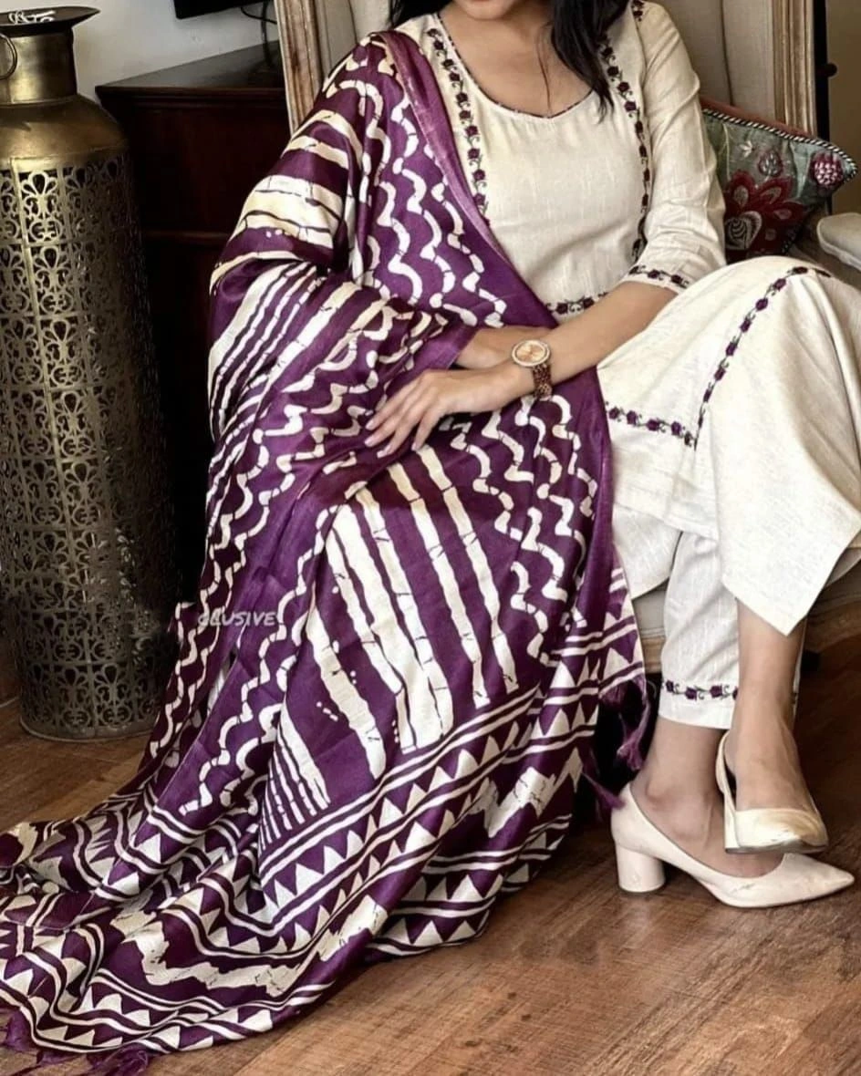 Handloom cotton kurta pant and khadi silk ikkat print  Dupatta set. 5