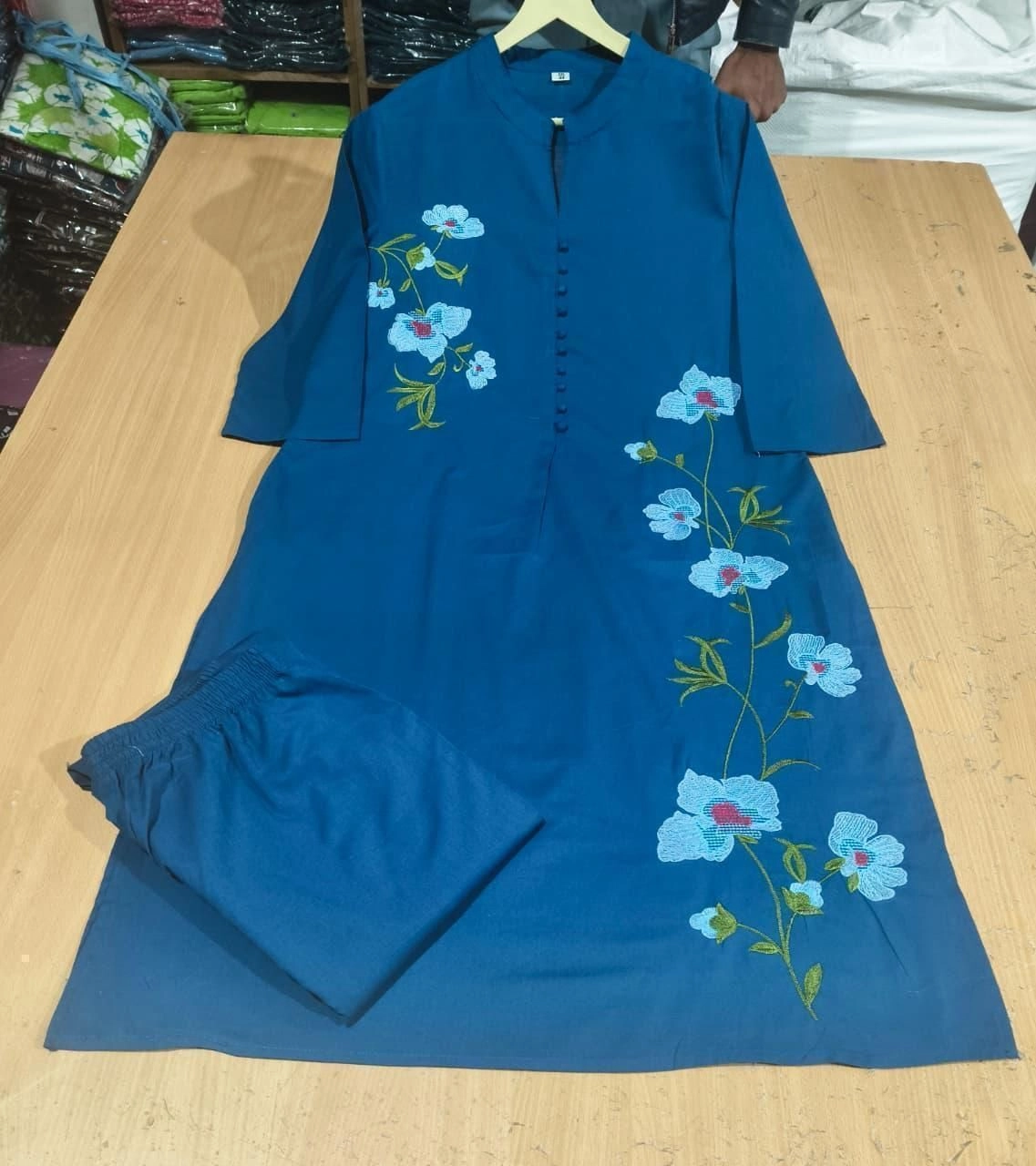 👗 *Cotton two piece set with  two pockets in pant and  Complete embroidery work* 1
