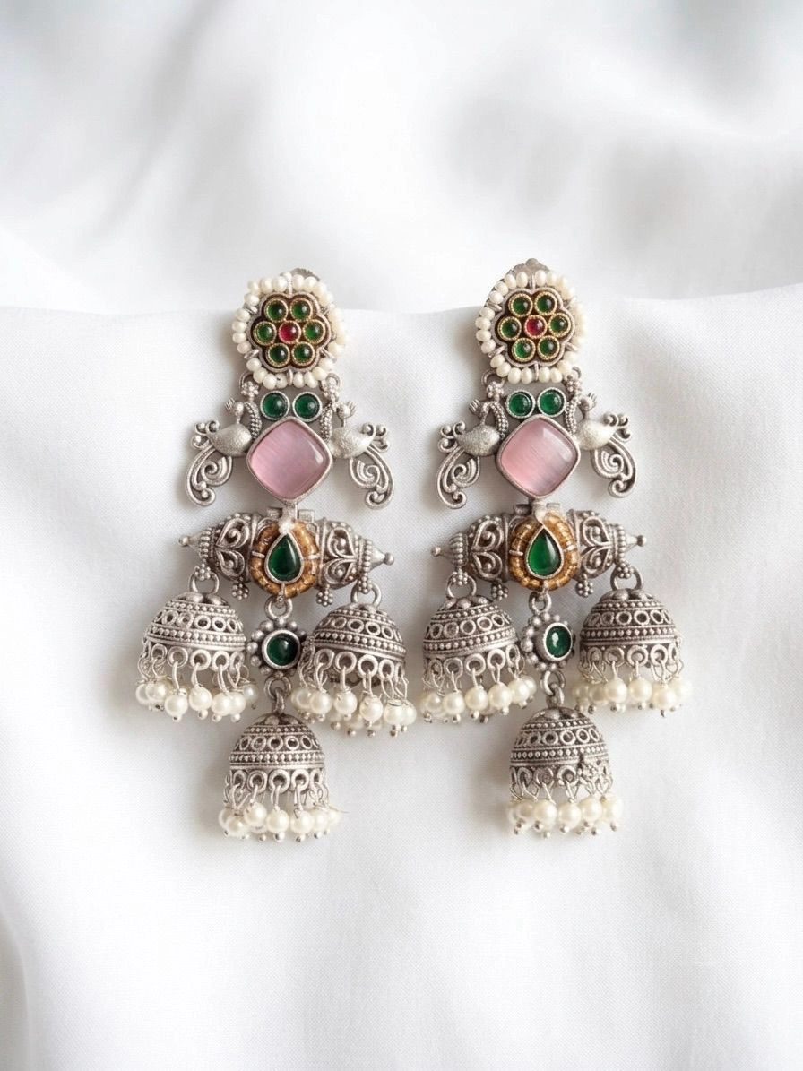 Elegant Oxidized Silver Peacock Jhumka Earrings with Pearl Drops