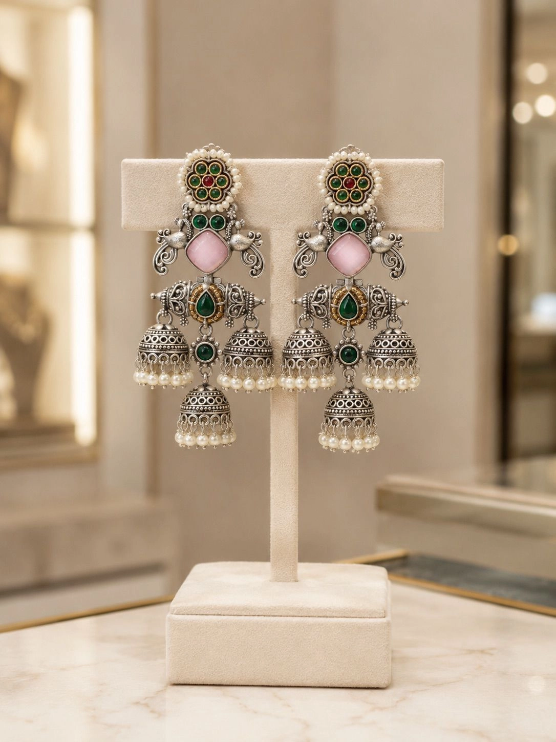 Elegant Oxidized Silver Peacock Jhumka Earrings with Pearl Drops 4