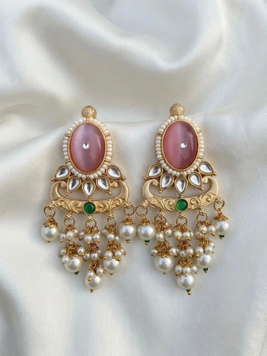 Pink Stone & Pearl Statement Earrings 1