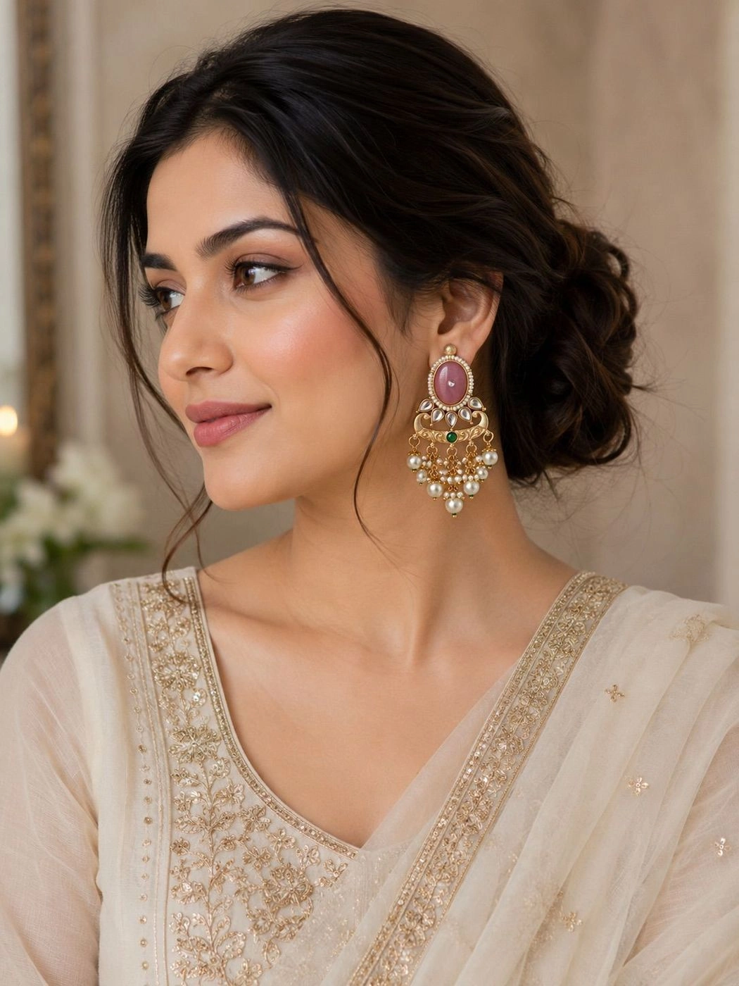 Pink Stone & Pearl Statement Earrings 2