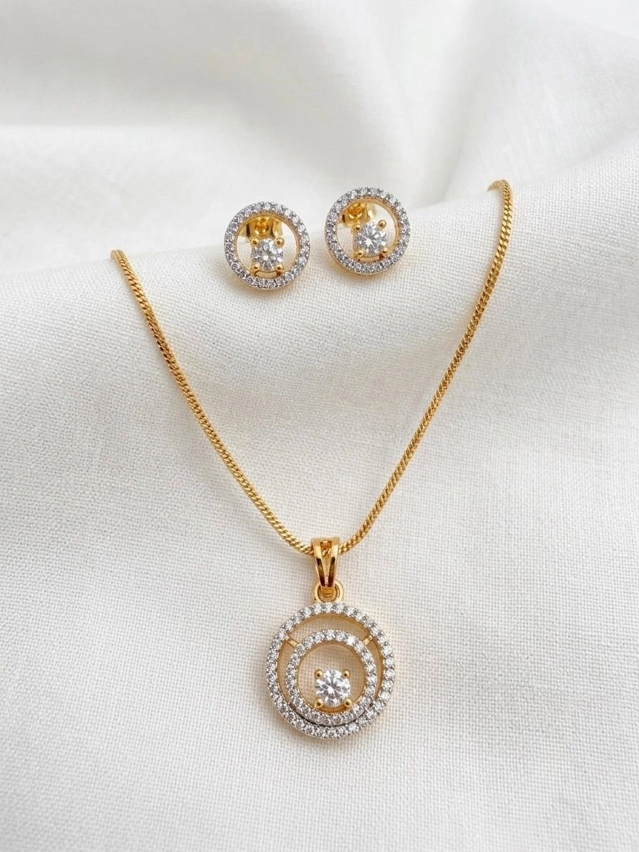 CZ Stud Earrings & Double Circle Pendant Set for Women | Premium American Diamond Jewellery Set 1