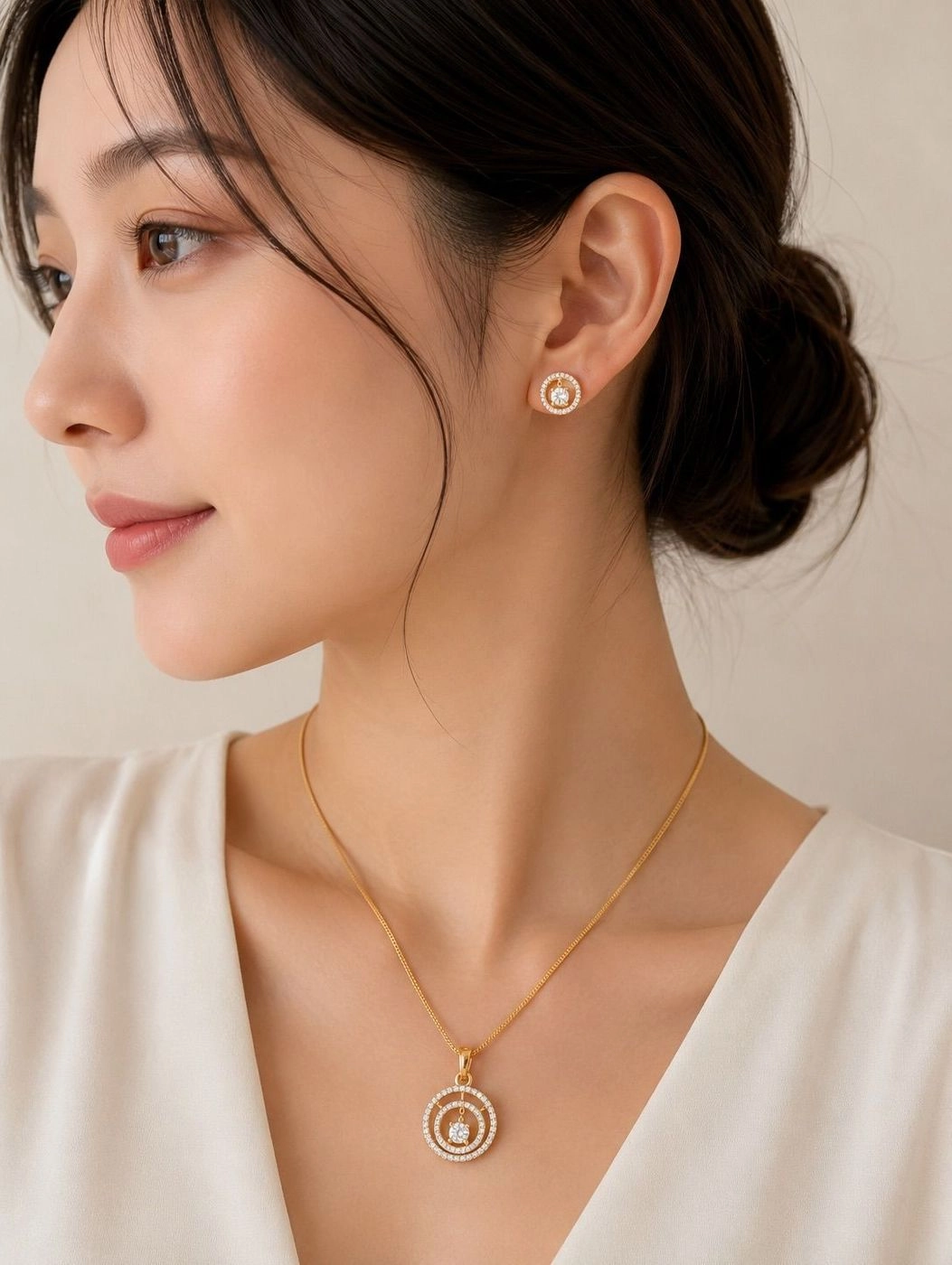 CZ Stud Earrings & Double Circle Pendant Set for Women | Premium American Diamond Jewellery Set 2