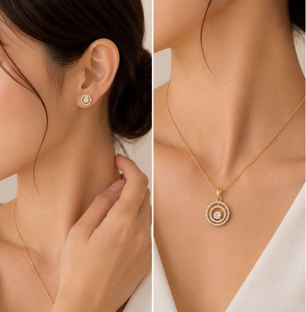 CZ Stud Earrings & Double Circle Pendant Set for Women | Premium American Diamond Jewellery Set 3