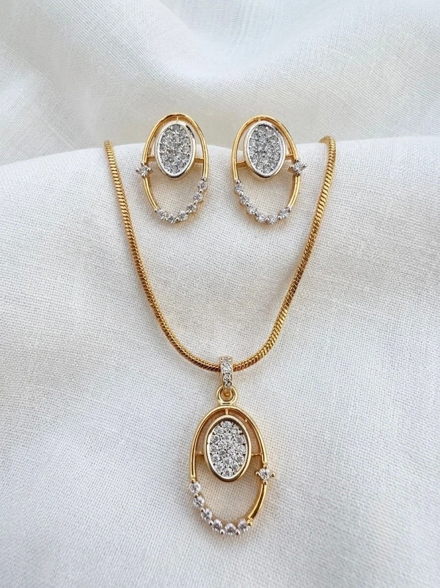 Gold Plated Oval American Diamond Pendant & Earrings Set for Women || PrismAndPelt 1