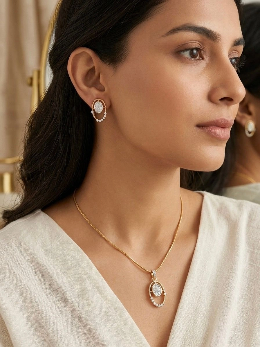 Gold Plated Oval American Diamond Pendant & Earrings Set for Women || PrismAndPelt 2