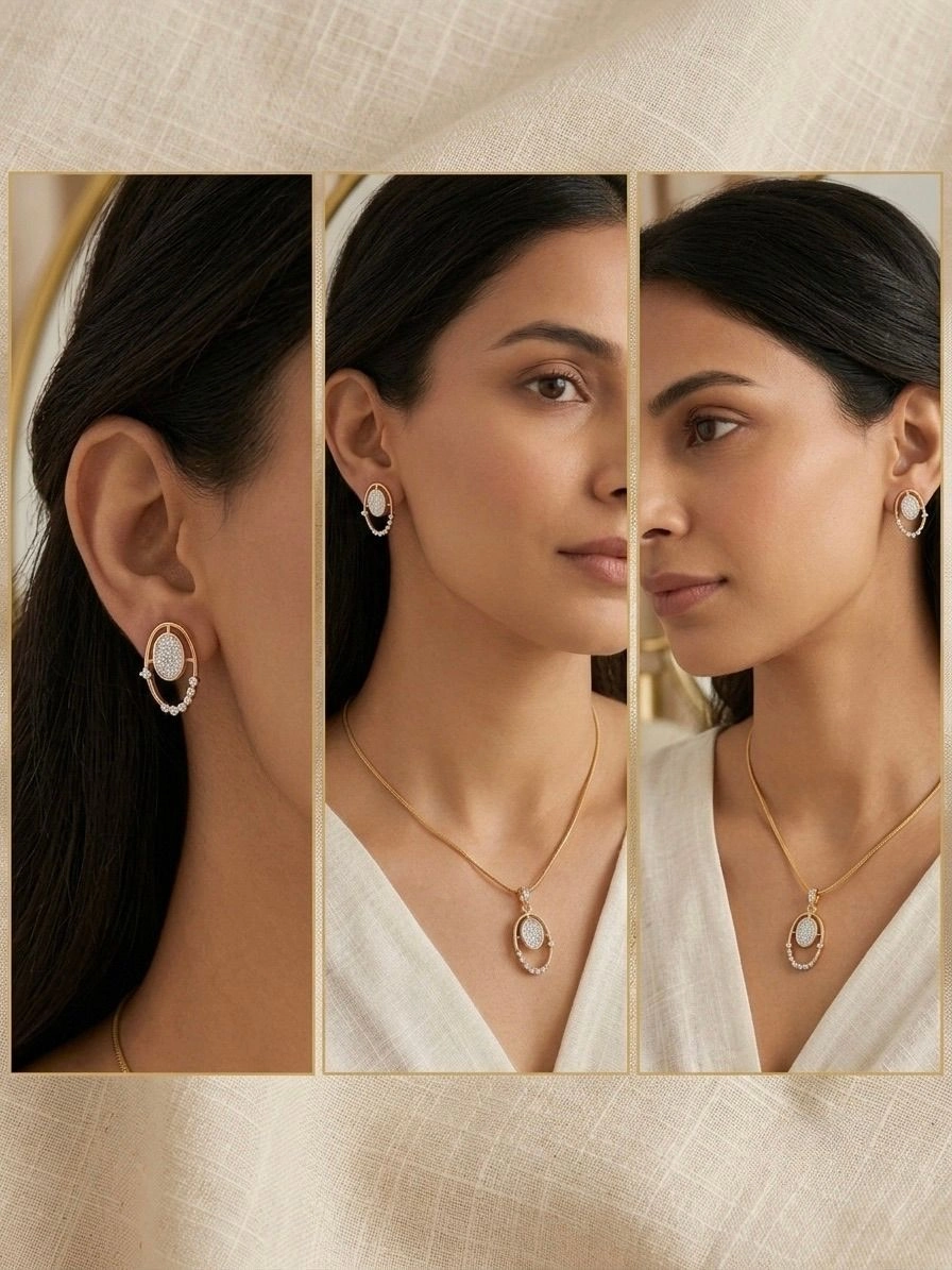 Gold Plated Oval American Diamond Pendant & Earrings Set for Women || PrismAndPelt 3