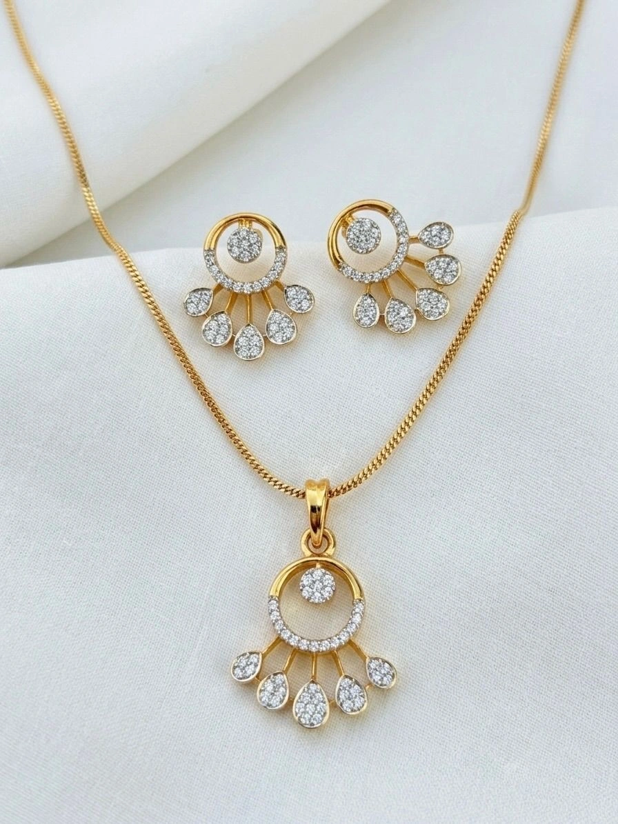 Gold Plated Floral American Diamond Pendant & Earrings Set for Women || PrismAndPelt 1