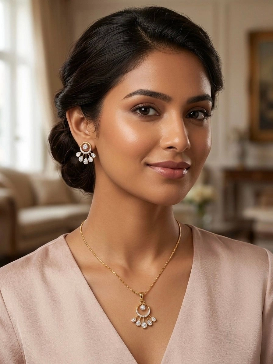 Gold Plated Floral American Diamond Pendant & Earrings Set for Women || PrismAndPelt 2