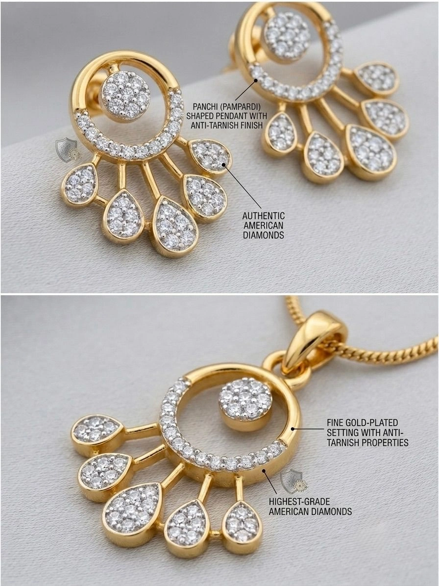 Gold Plated Floral American Diamond Pendant & Earrings Set for Women || PrismAndPelt 3