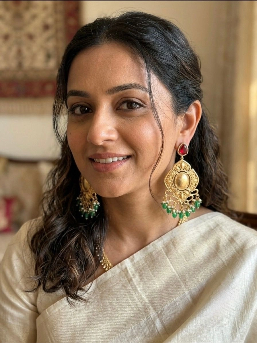 Trendy Gold-Plated Red & Green Stone Danglers Earrings with Pearls for Women 1