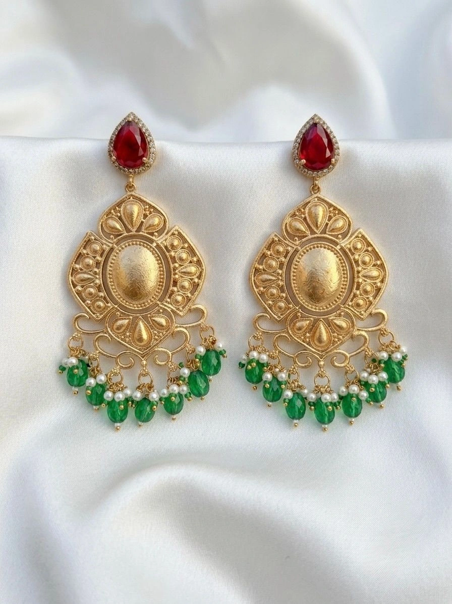 Trendy Gold-Plated Red & Green Stone Danglers Earrings with Pearls for Women 2