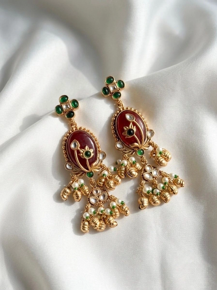Latest Antique Gold-Plated Red Oval Stone Danglers / Earring Set PrismAndPelt 2