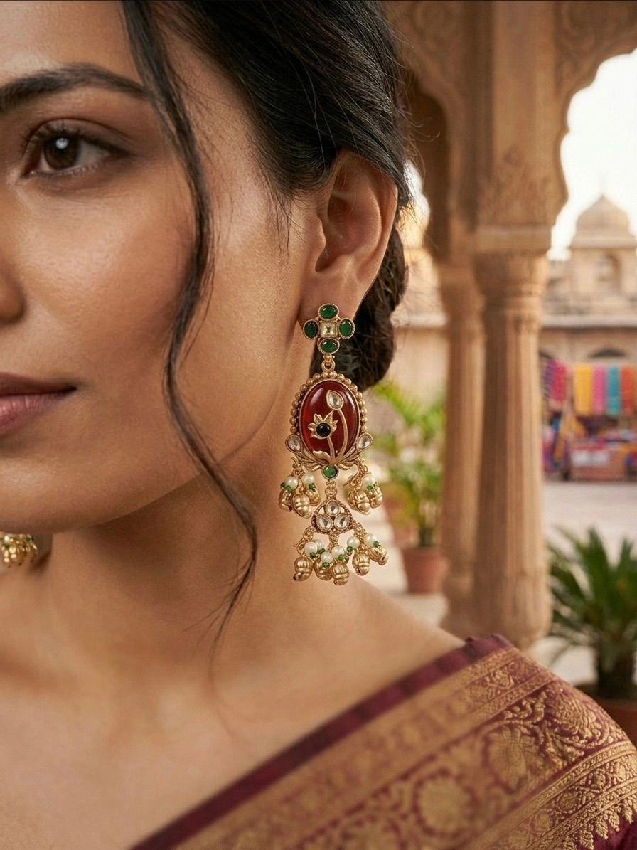 Latest Antique Gold-Plated Red Oval Stone Danglers / Earring Set PrismAndPelt 3