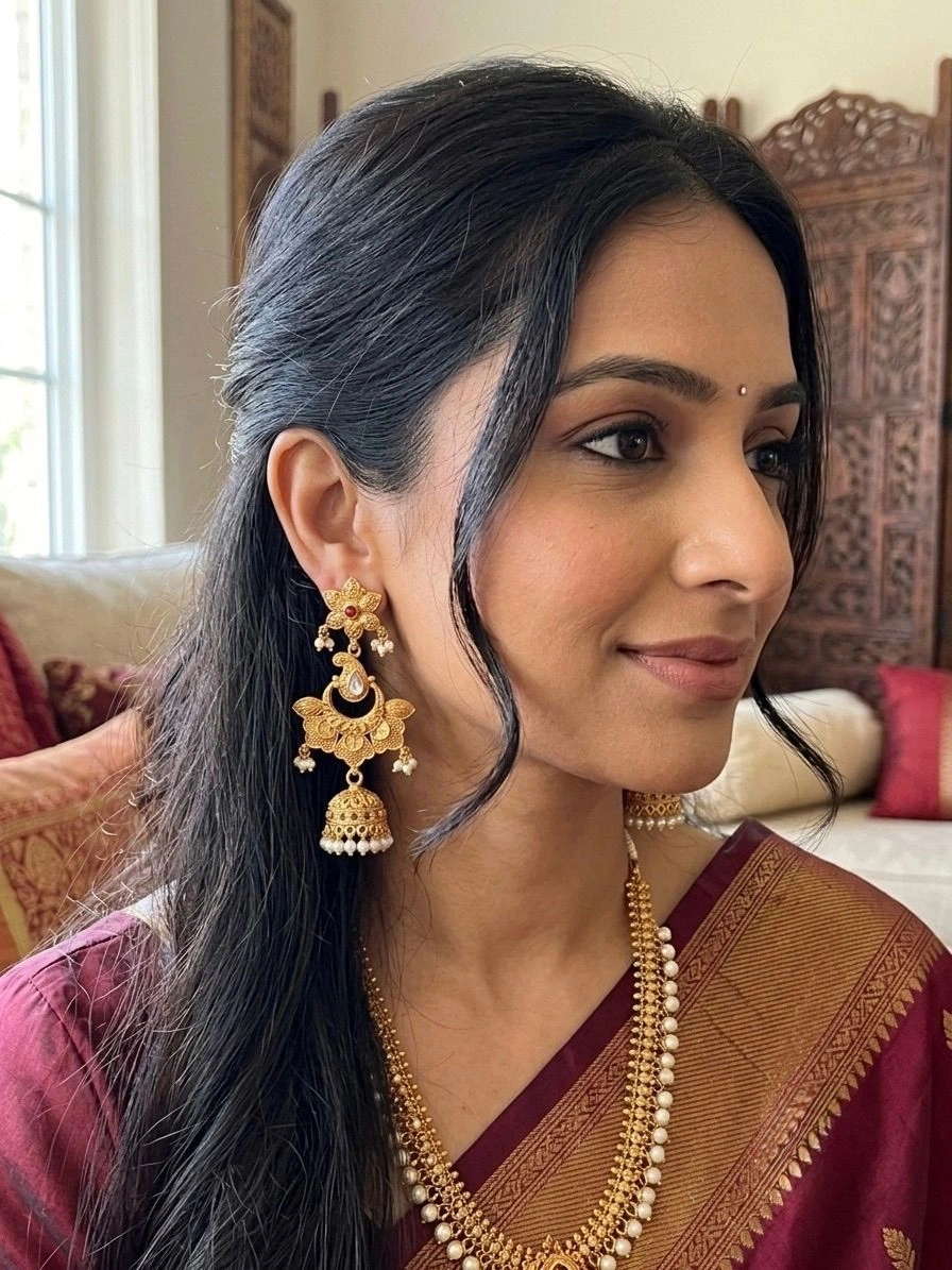 Antique Gold Plated Flower Crescent Jhumka Earring Set with Pearl Drops 1