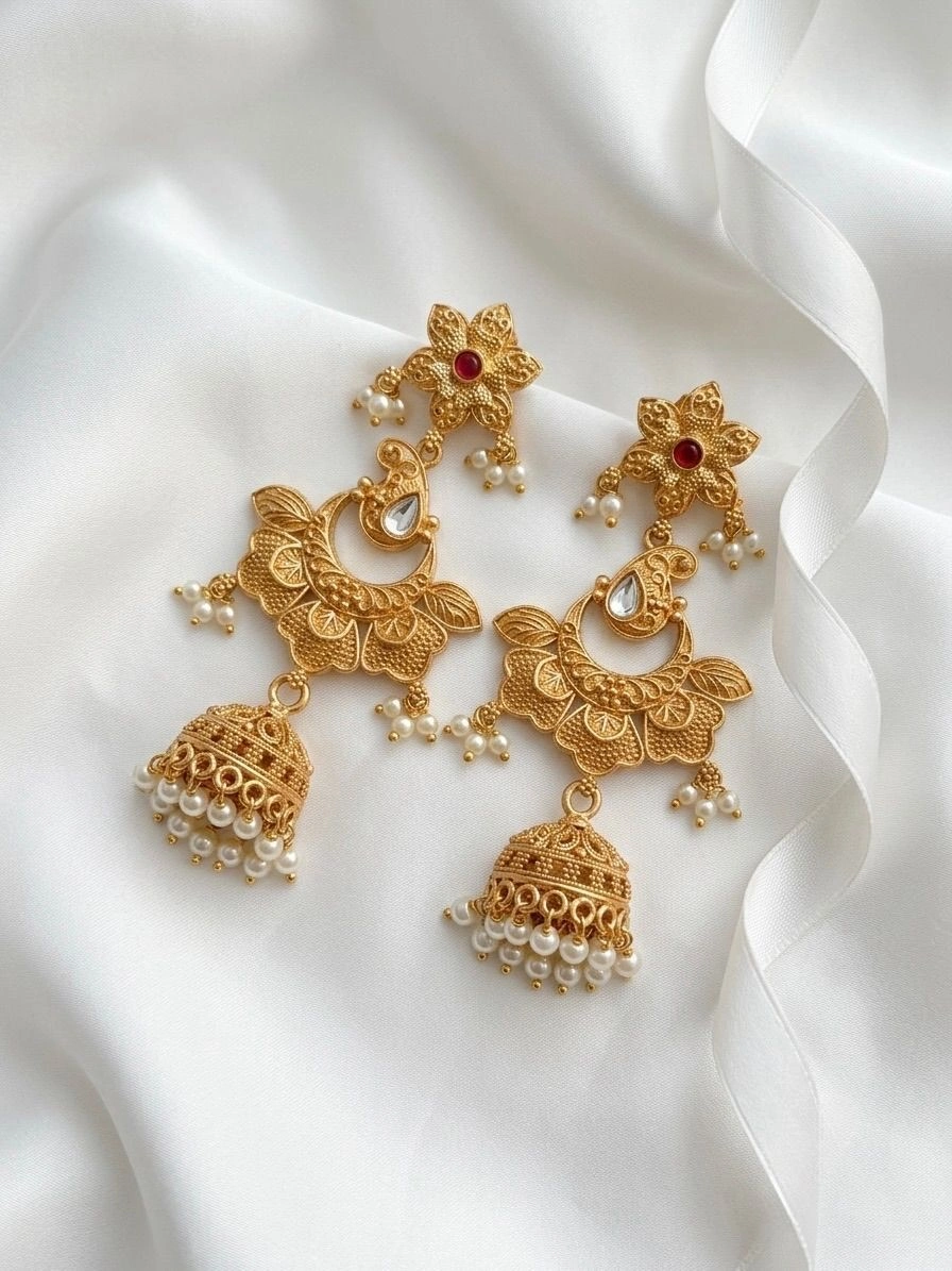Antique Gold Plated Flower Crescent Jhumka Earring Set with Pearl Drops 2