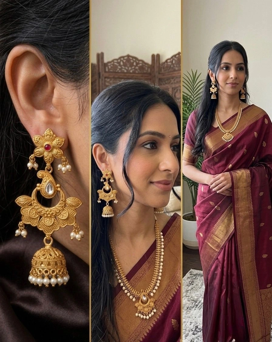Antique Gold Plated Flower Crescent Jhumka Earring Set with Pearl Drops 3