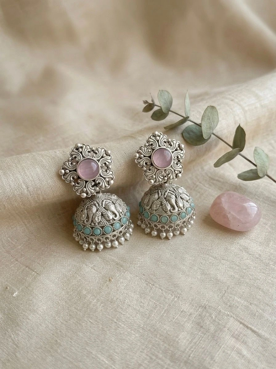 Women Oxidized Silver Plated Pink Stone Jhumka Earrings 2