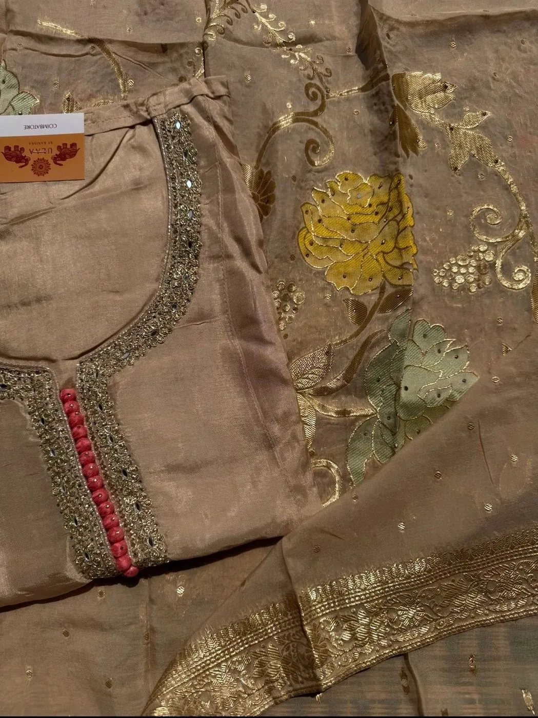 Silk Unstitched suit set with Banarasi shawl