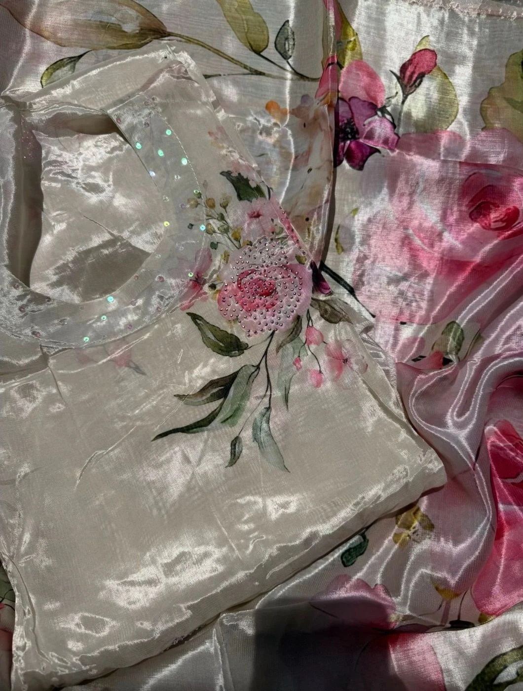 Glass organza unstitched suit set