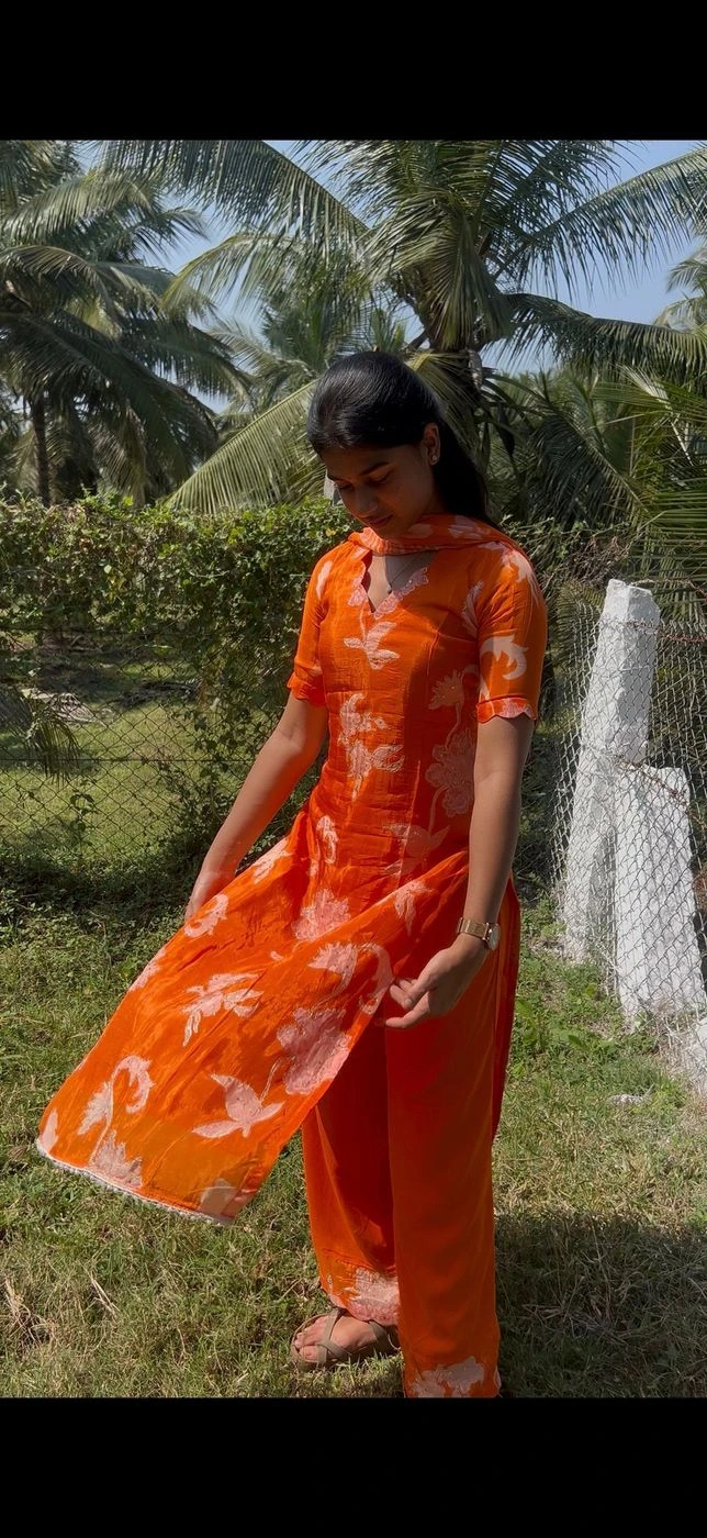 Orange organza unstitched suit set 3