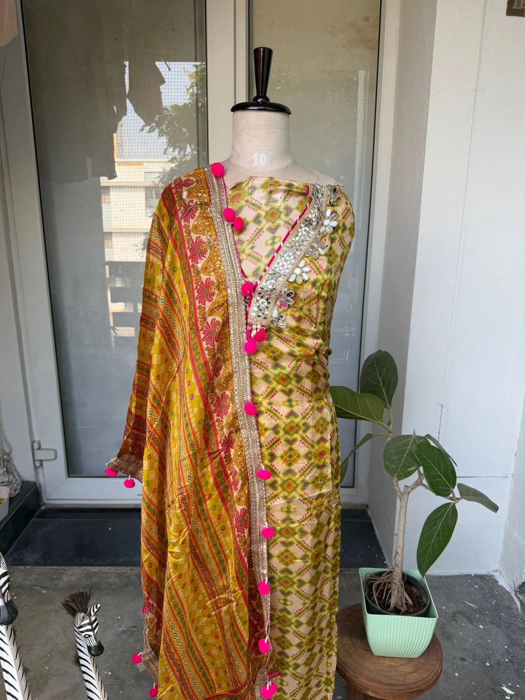 Organza ikkat printed Pom Pom suit 1