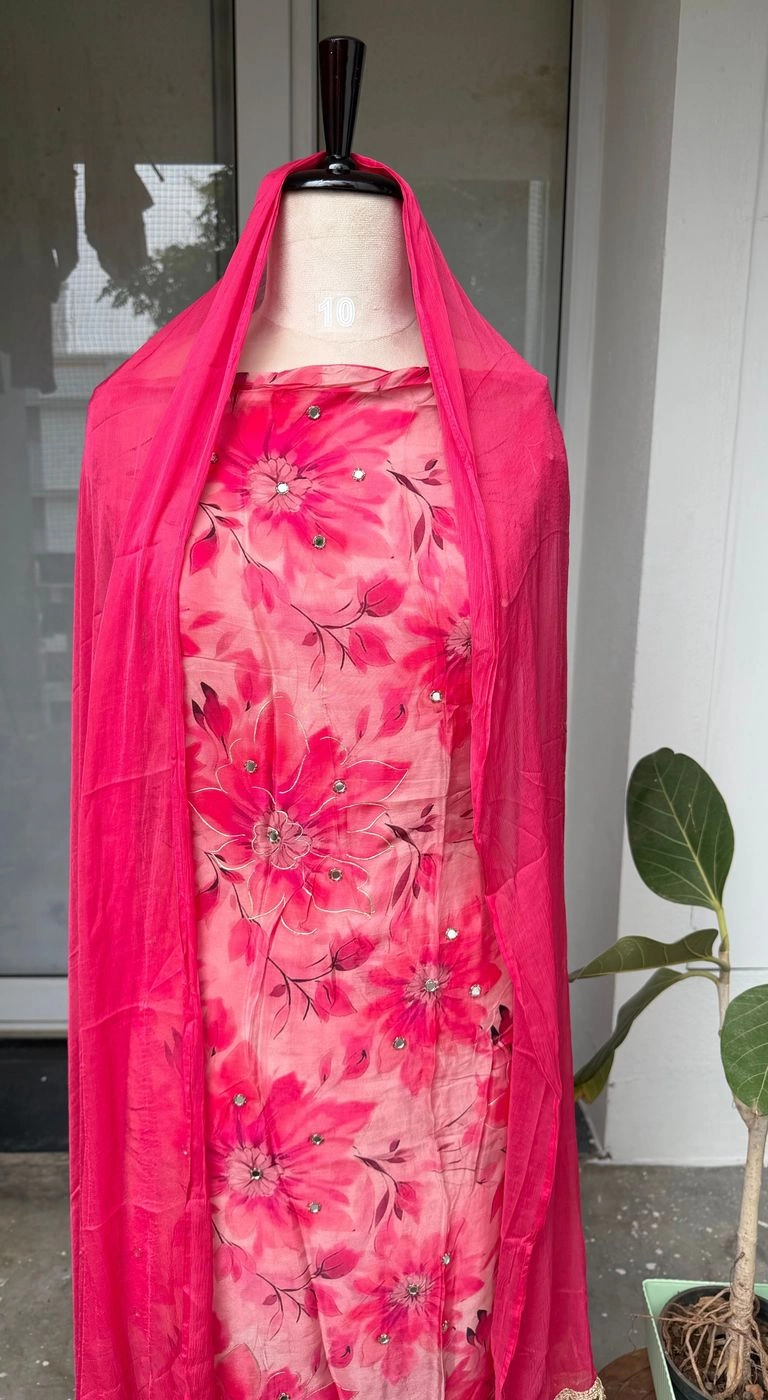 Organza designer unstitched suit with plain back 1