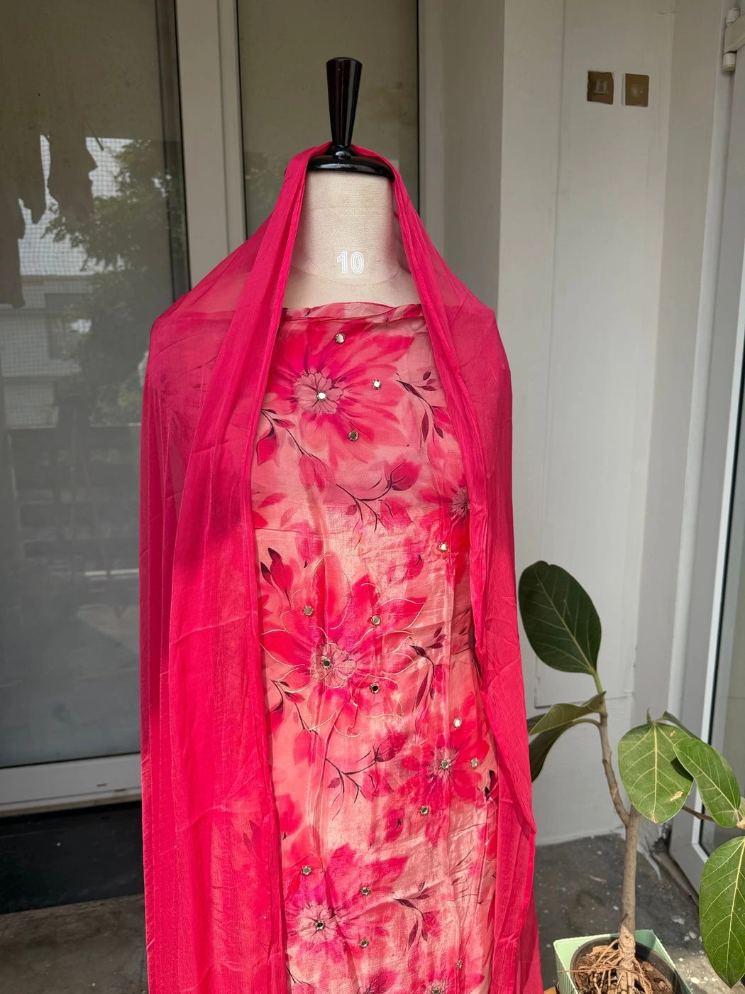Organza designer unstitched suit with plain back 2