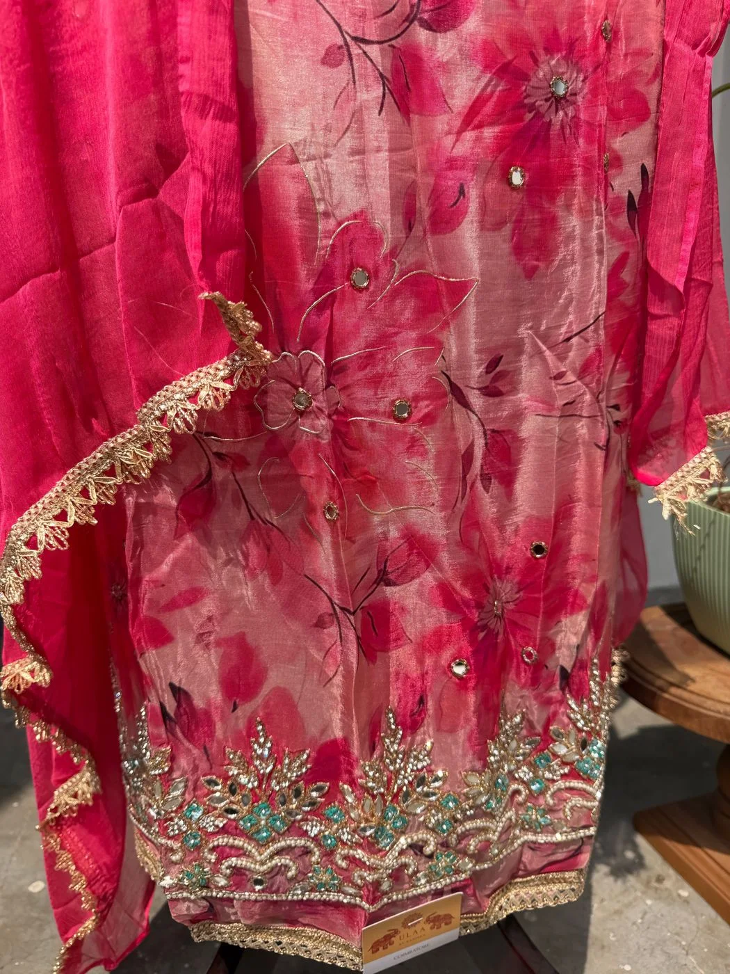 Organza designer unstitched suit with plain back 3