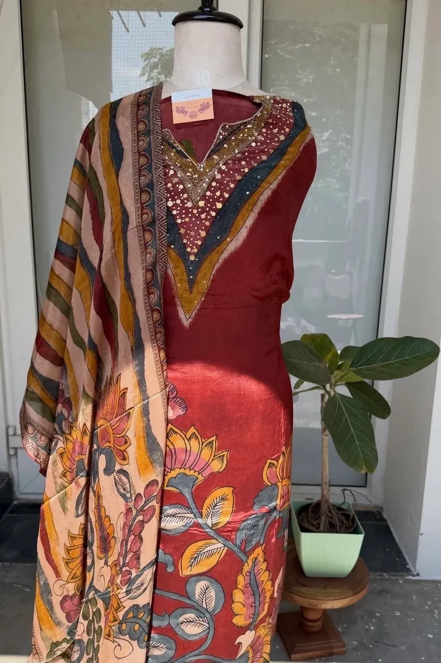 Crape with Kalam Kari printed unstitched suit set 1