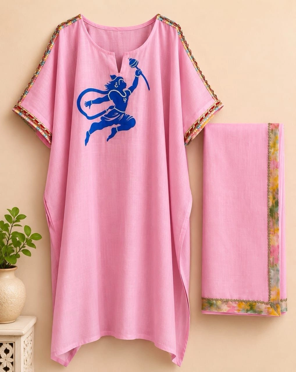 Pink Kaftan blue Hanuman + Dhoti