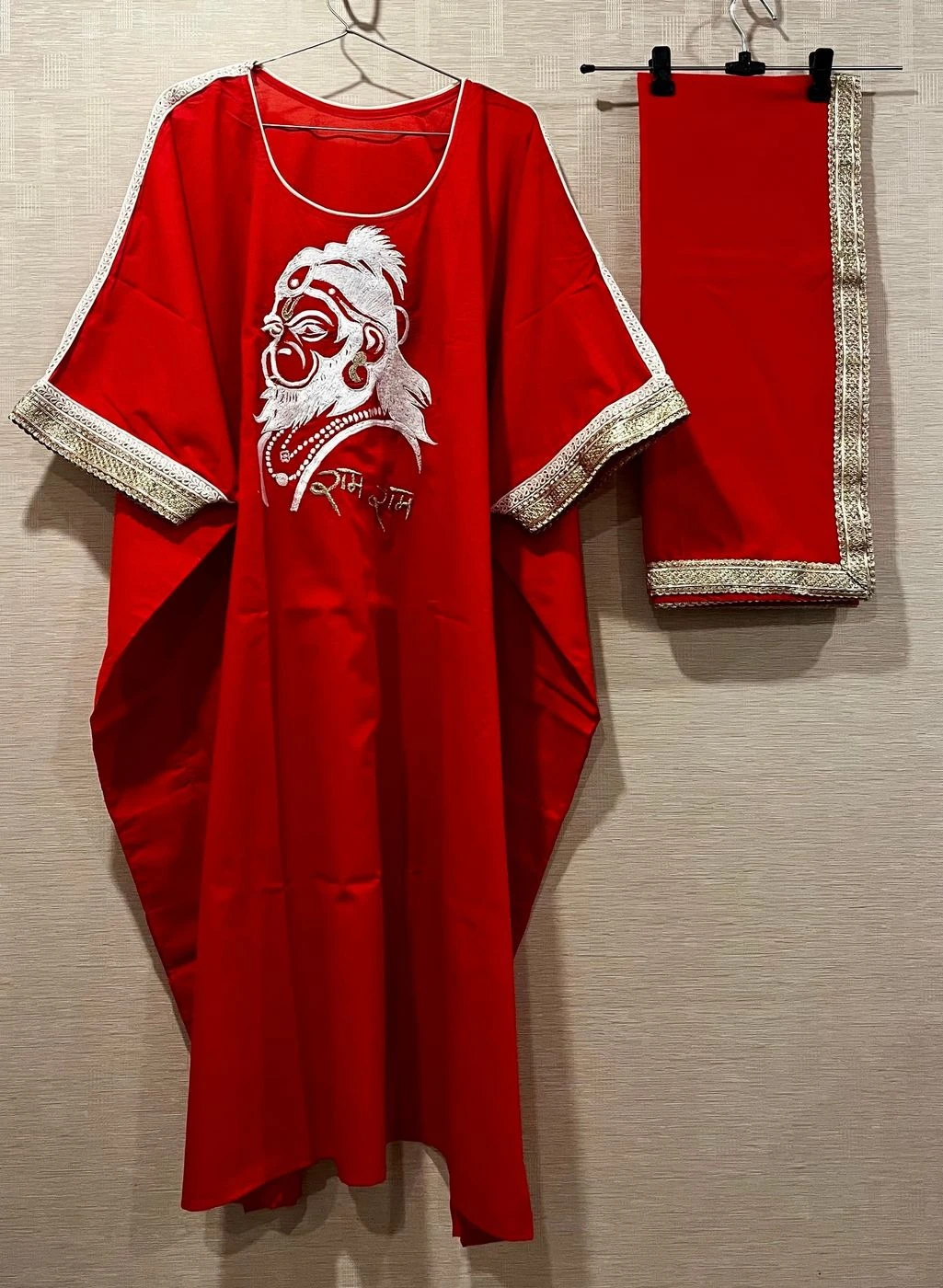 Red white Hanuman ji emb Kaftan + Dhoti