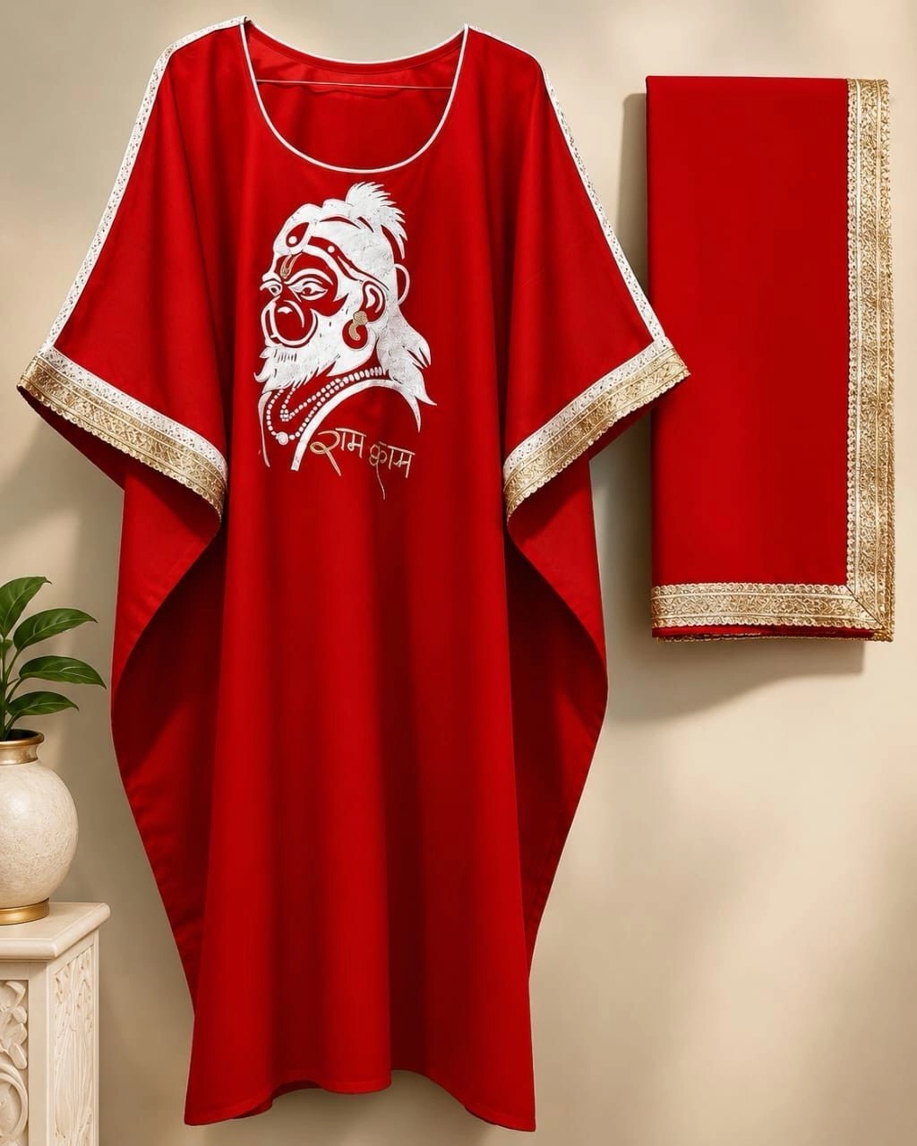 Red white Hanuman ji emb Kaftan + Dhoti