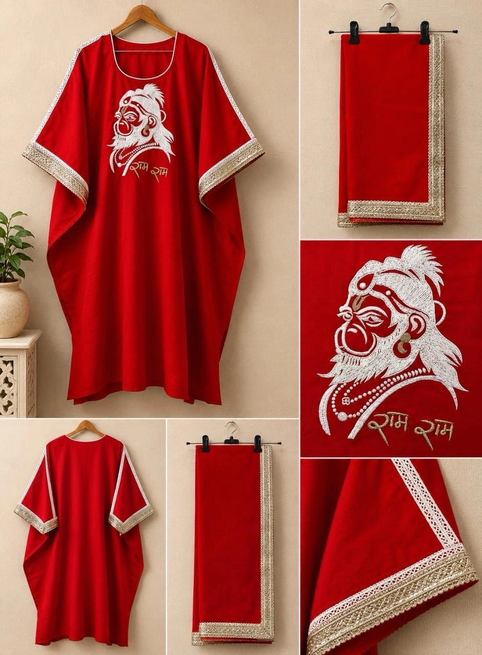 Red white Hanuman ji emb Kaftan + Dhoti 3