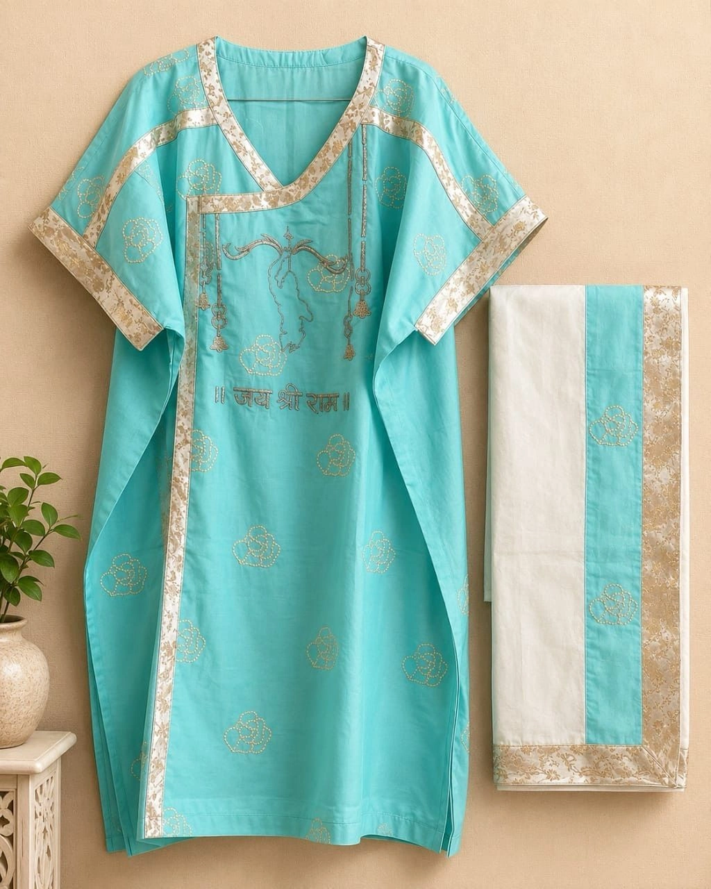 Sky blue kaftan with silver emb + Dhoti