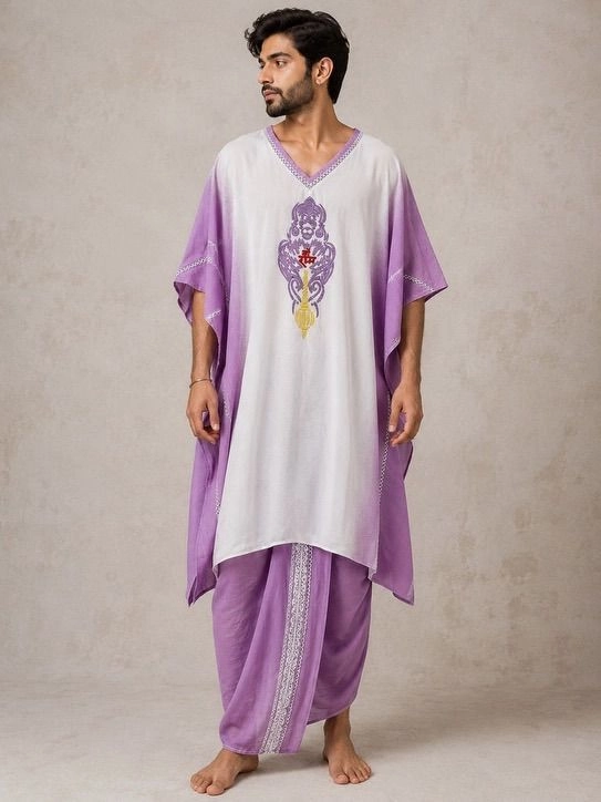 White Purple Ombré with purple emb Hanuman ji and Dhoti 3