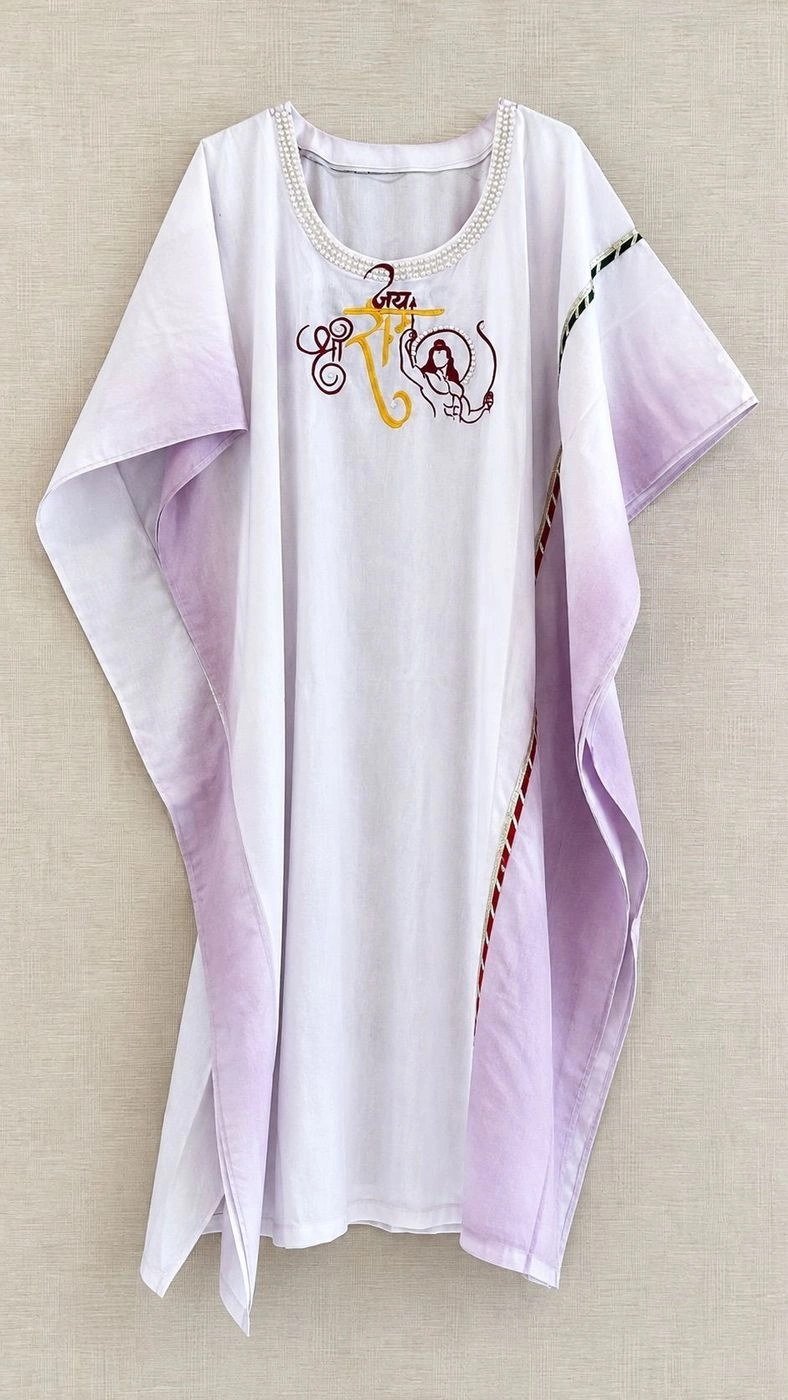 Light pink kaftan with Ram emb + Dhoti