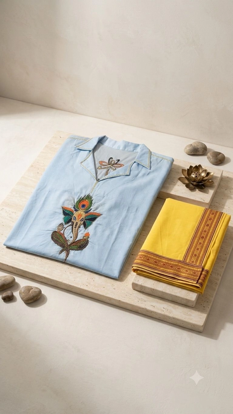 Light blue kaftan with hand embroidery