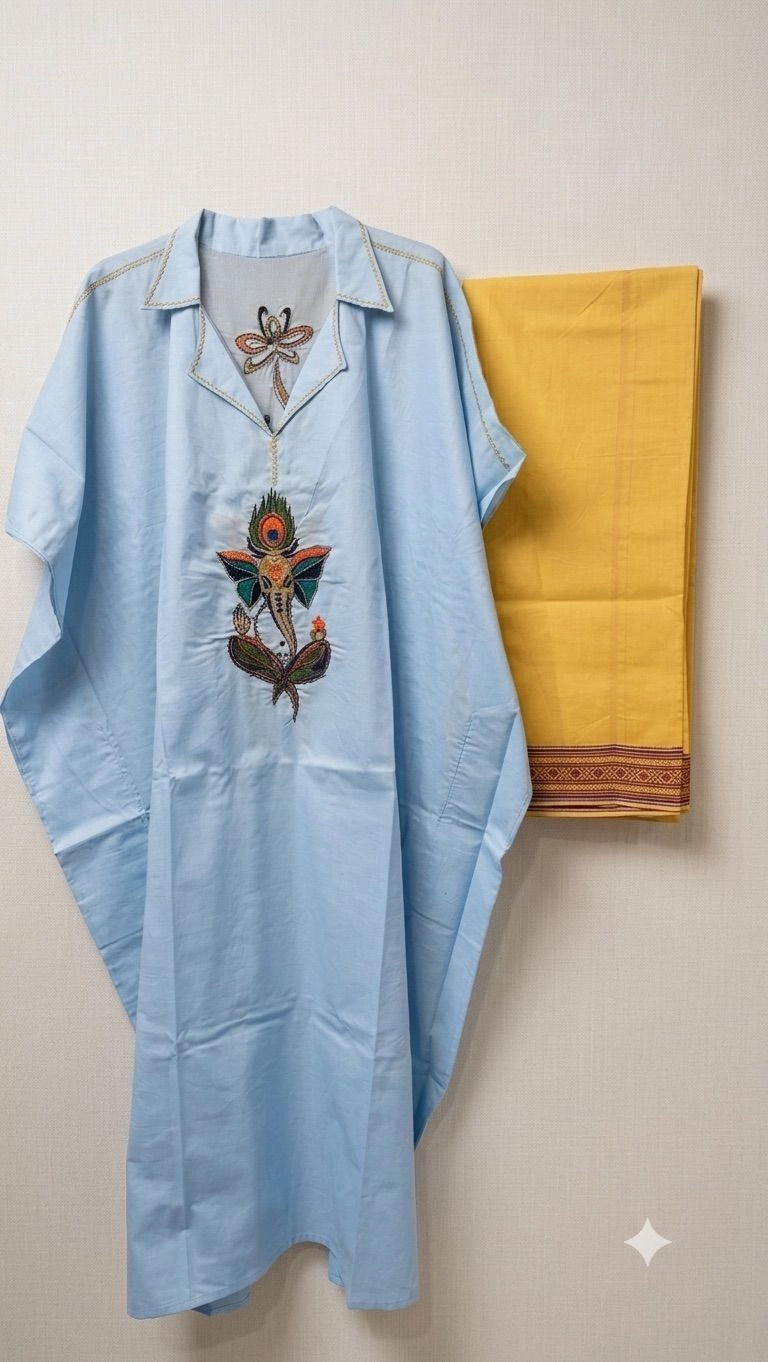 Light blue kaftan with hand embroidery