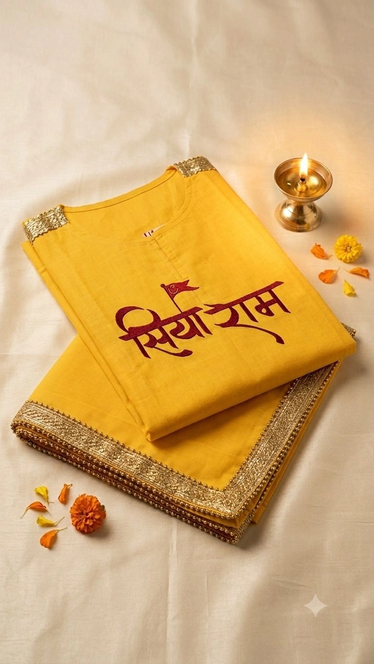 Yellow kurta embodied by Shiya Ram and Jay Hanuman on front and back