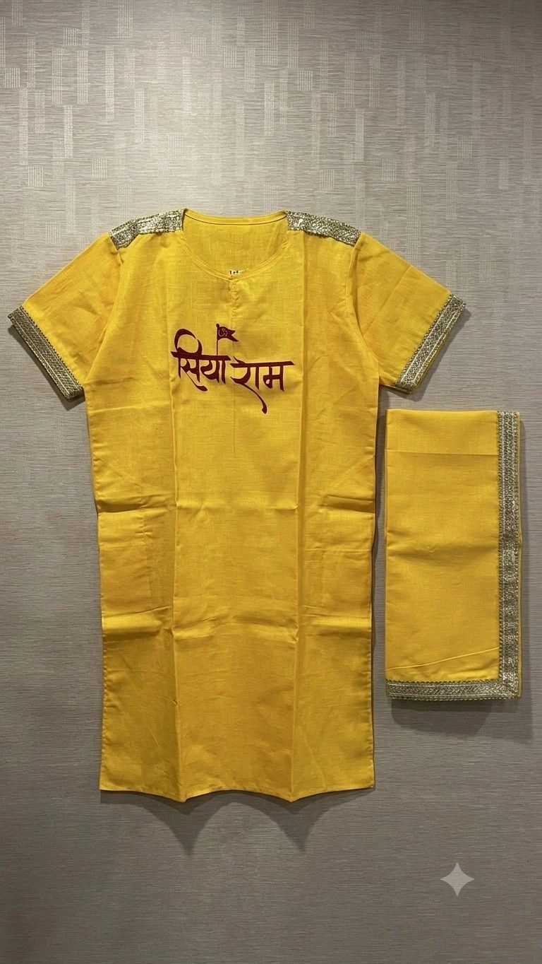 Yellow kurta embodied by Shiya Ram and Jay Hanuman on front and back