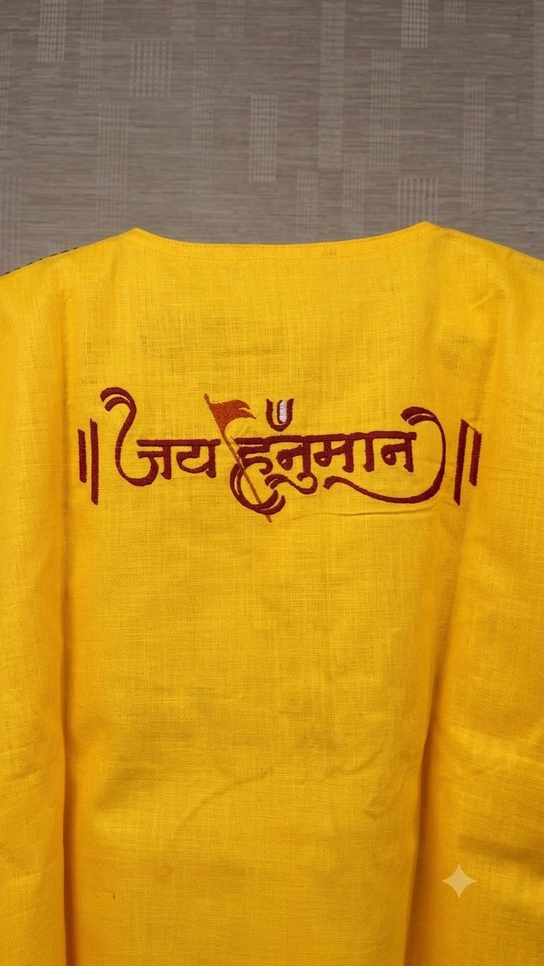 Yellow kurta embodied by Shiya Ram and Jay Hanuman on front and back 3