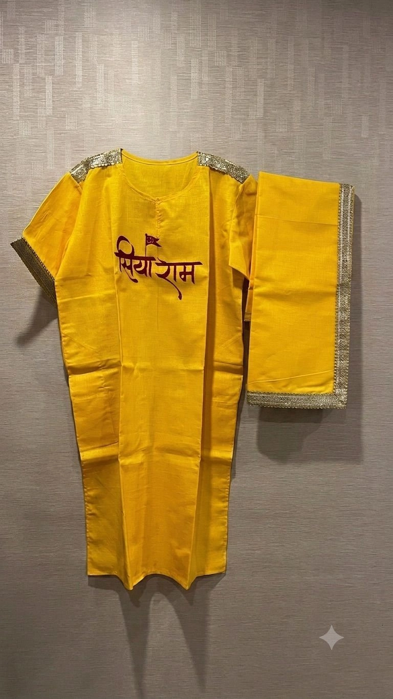 Yellow kurta embodied by Shiya Ram and Jay Hanuman on front and back 4