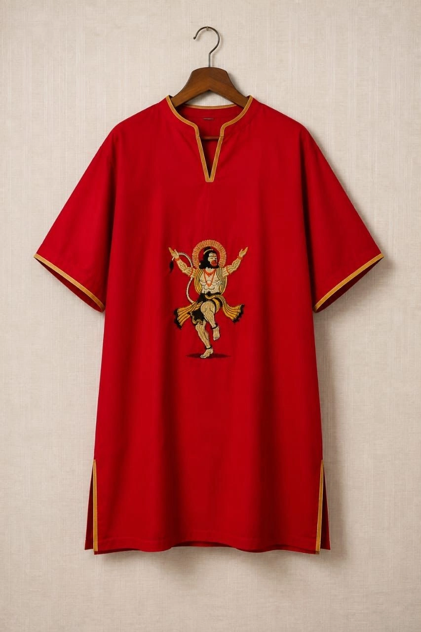 Upcoming Red cotton fabric kaftan embroidered with dancing Hanuman ji on front